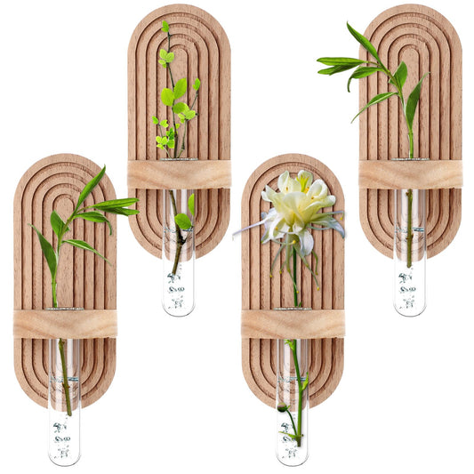 Beeveer 4 Sets Hanging Plant Propagation Stations Walnut Wood Wall Mounted Test Tube Vase Rustic Decorative Glass Planter Holder Gift for Women Plant Lover Hydroponic Flowers Home and Office Decor