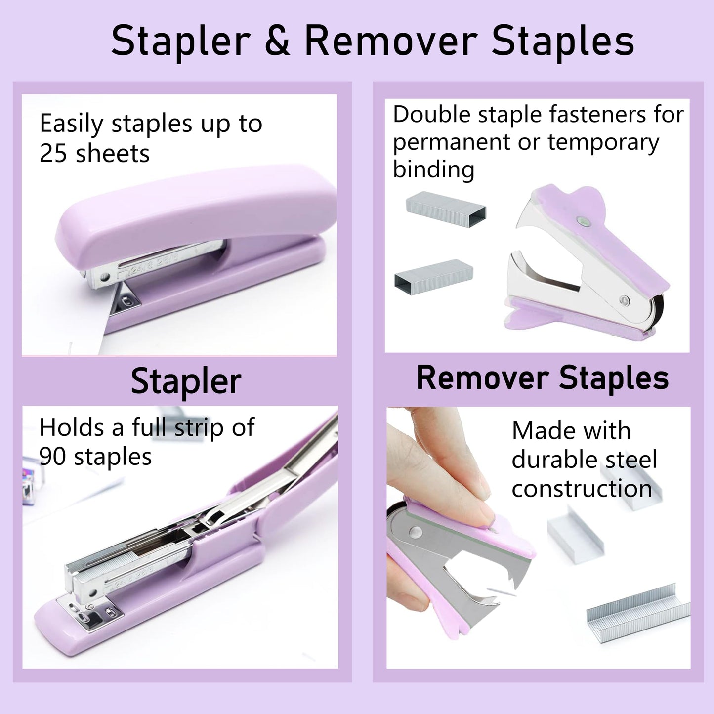 Purple Office Supplies, Purple Desk Accessories, Stapler, Staple Remover, Tape Holder, Pen Holder, Ballpoint Pen, Scissor, Binder Clips, Paper Clips and 1000pcs Staples.