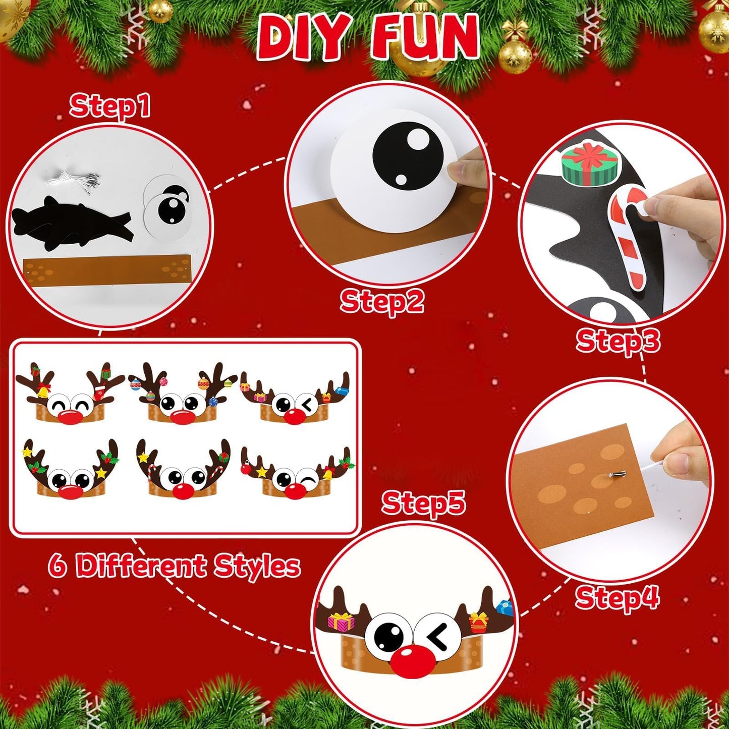 Qyeahkj 24 Sets Christmas Headbands Craft Kits Xmas Reindeer DIY Paper Crown Crafts for Winter Elk Reindeer Eyes Nose and Horn Stickers Holiday Home Activities Winter Party Favors