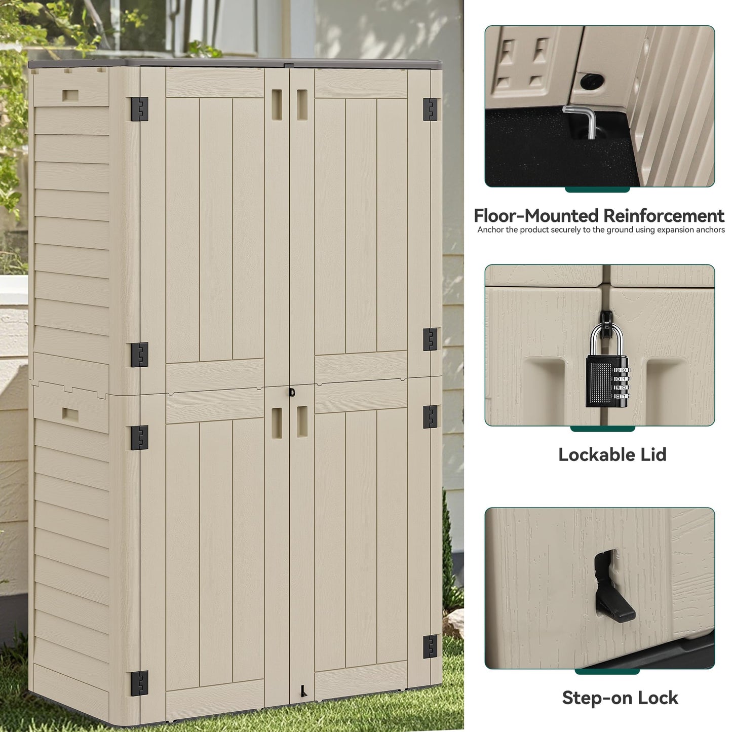 YITAHOME 60 cu ft Tall Outdoor Storage Shed w/o Shelf, Resin Vertical Outdoor Storage Shed, Large Waterproof Storage Cabinet for Garage, Poolside, and Garden (Khaki + Black)