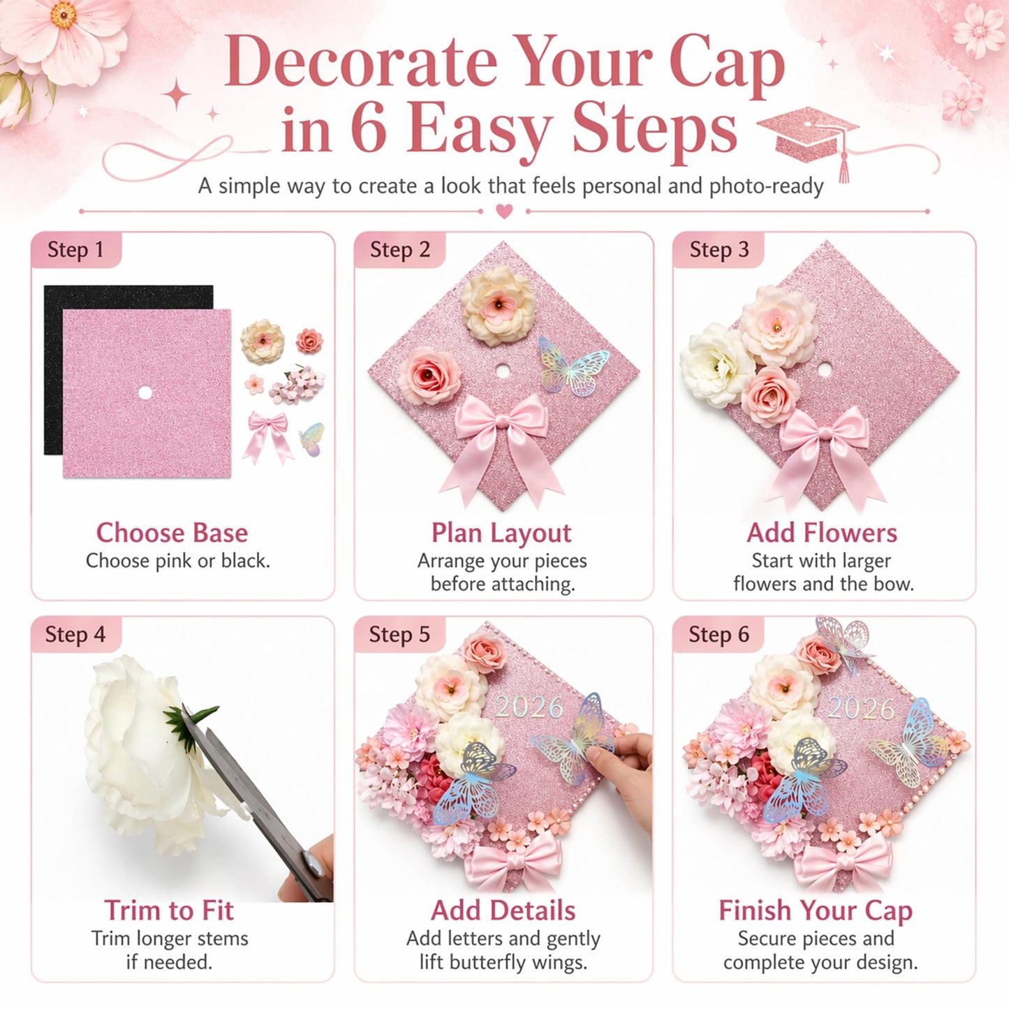 42PCS Graduation Cap Decorations Kit 2026, Pink DIY Grad Cap Topper Set with Glitter Topper Boards, 3D Butterflies, Letter Stickers, Pearls, Rhinestones, Flowers for Class of 2026