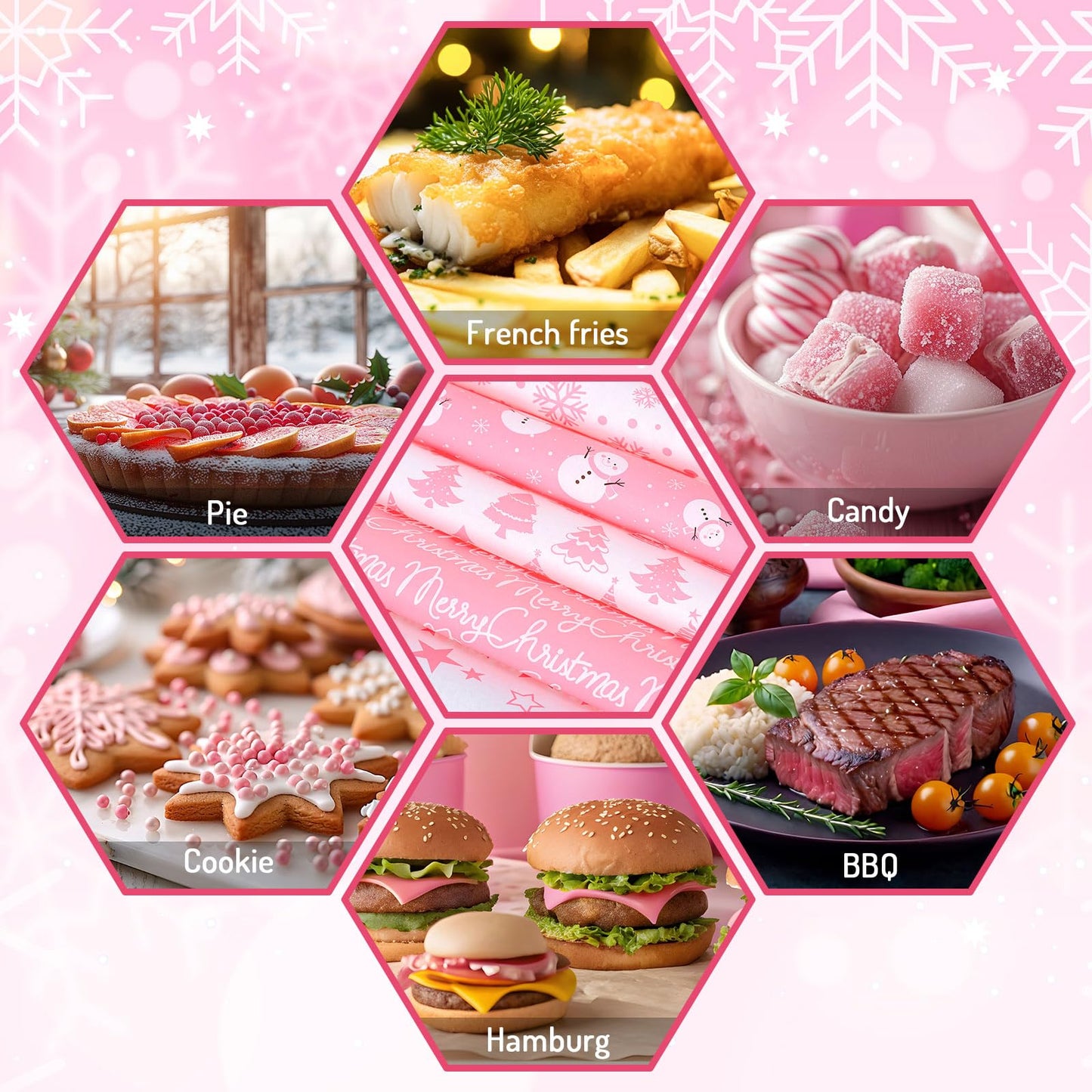 JarThenaAMCS 240 Sheet Christmas Wax Paper 6 Styles Pink Xmas Tree Snowflake Snowman Food Tissue Wrapping Paper Winter Decorative Deli Paper Basket Liners for Home Kitchen Restaurant Baking,12 Inch