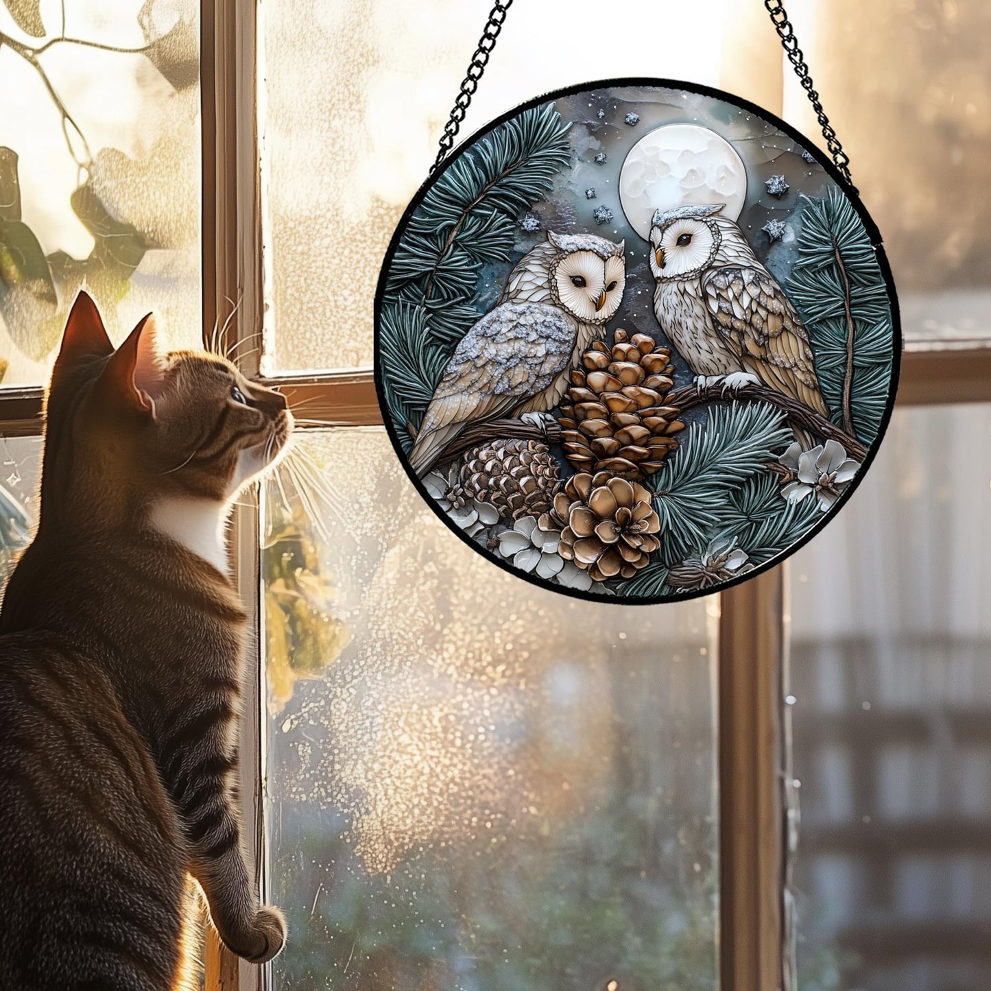CRISGIF Stained Glass Window Hanging - Owl On A Tree Suncatcher for Doors Garden Patio Winter Scene Sun Catchers Decor Christmas Mother's Day Birthday Gifts for Women Men Mom Nana Friend 6.3 in