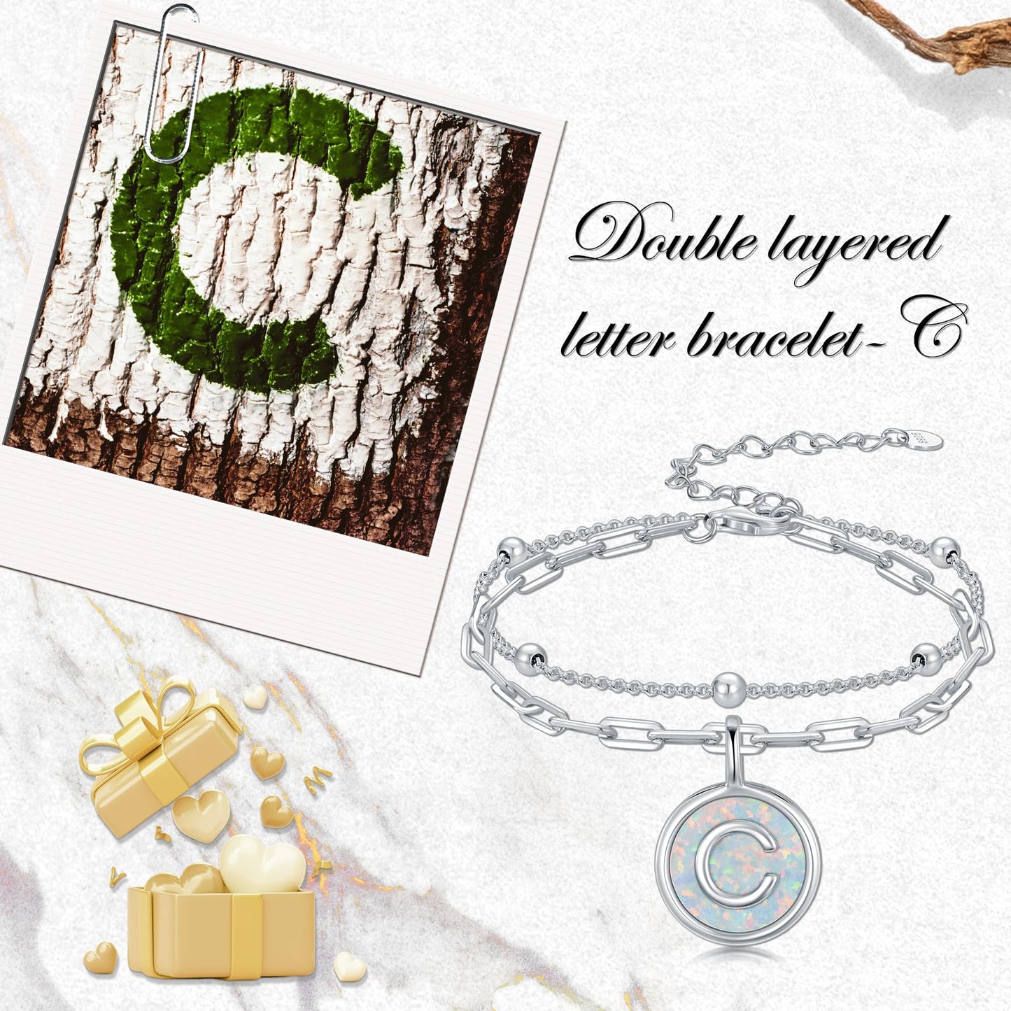 LWQQWL Initial C Bracelet for Women 925 Sterling Silver Layered Initial Bracelet Opal Letter 26 Alphabet Jewelry Christmas Gifts