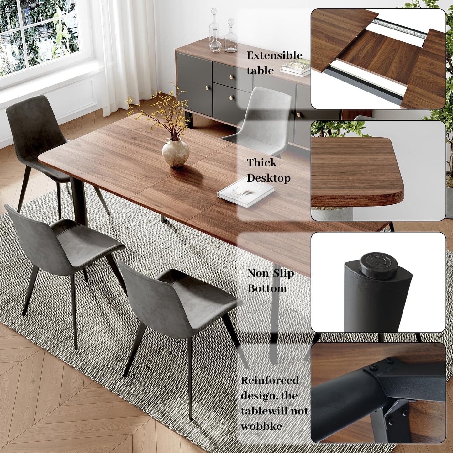 HIPIHOM 63"- 78.7" Extendable Dining Table Set for 6, Modern Kitchen Table with 6 PU Leather Chairs, Thickened Expandable MDF Wooden Table with Metal Legs for Dining Room, Kitchen, Living Room