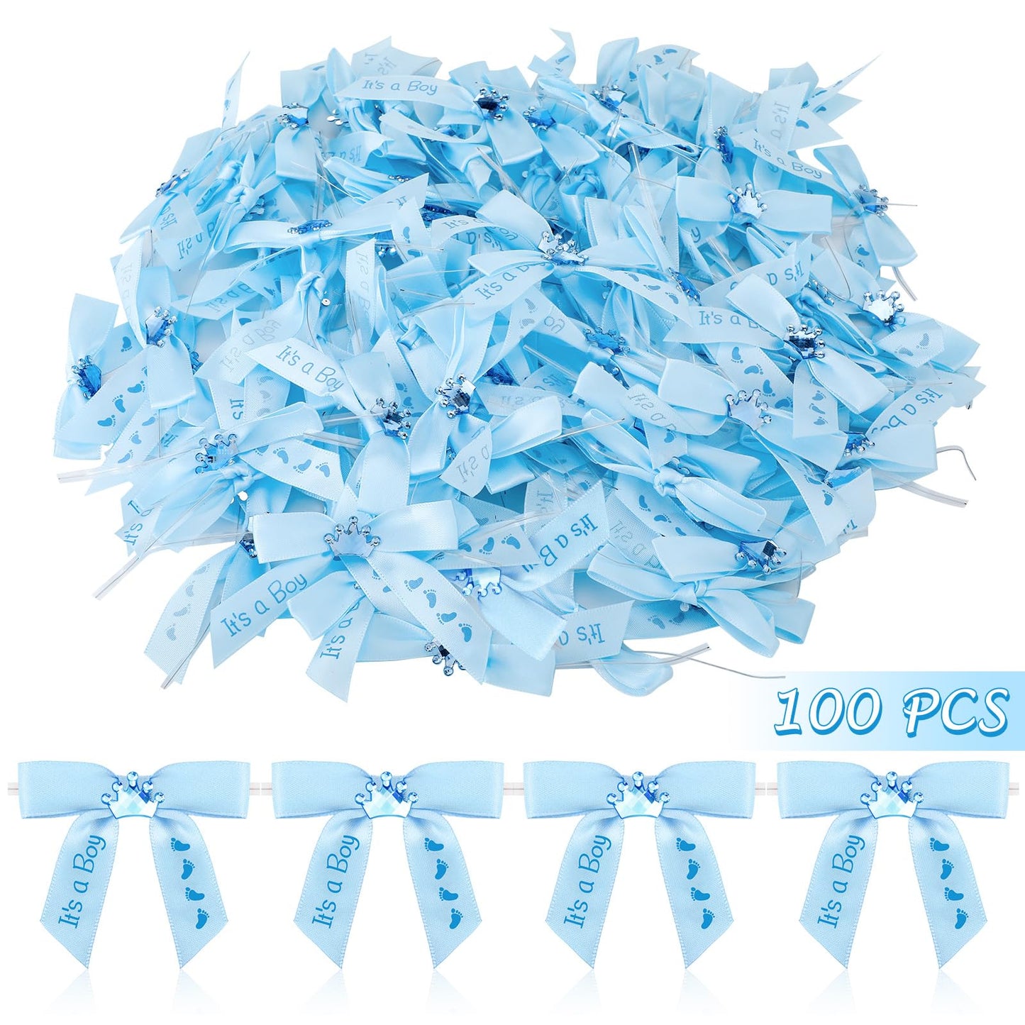 Wavwavw 100 Pcs Baby Shower Satin Ribbon Twist Tie Bows 2.5" Pre Tied Craft Bow Baby Foot Print Ribbon Bows for Baby Shower Birthday Party Treat Bags Gift Wrapping Basket Decor (Baby Blue)