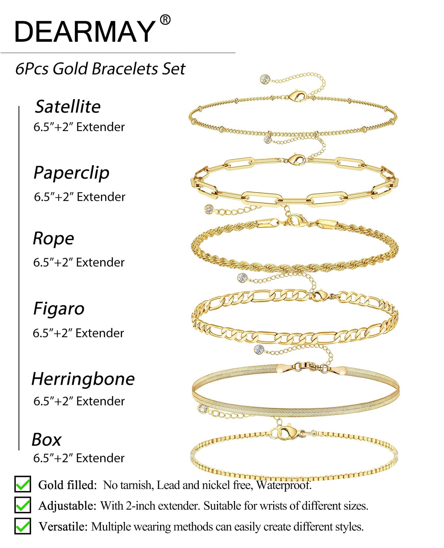 DEARMAY 14K Gold Plated Bracelets for Women Jewelry Sets for Women Trendy Dainty Stackable Paperclip Rope Snake Box Figaro Chain Bracelets Pack Costume Fashion