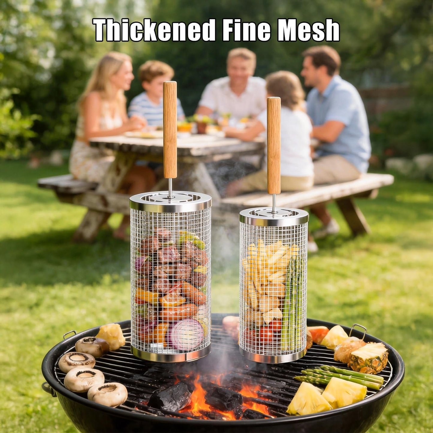 Rolling Grill Basket with Removable Wooden Handle, 2 Pack 304 Stainless Steel BBQ Grilling Net for Vegetables Shrimp Fish, Portable Camping Grill Accessories, Best Gifts for Dad Men