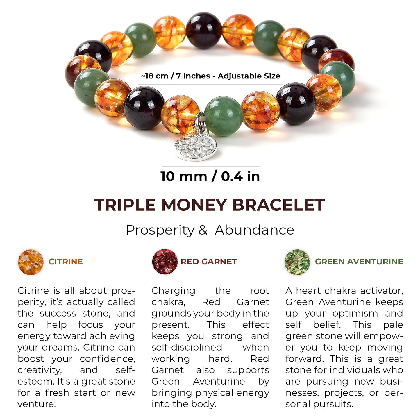 Crystal Agate Triple Stone Money Bracelet - Beaded Stretch Bracelet with Citrine, Red Garnet & Green Aventurine - Meditation, Motivational & Spiritual Gift for Men and Women - 10mm Beads