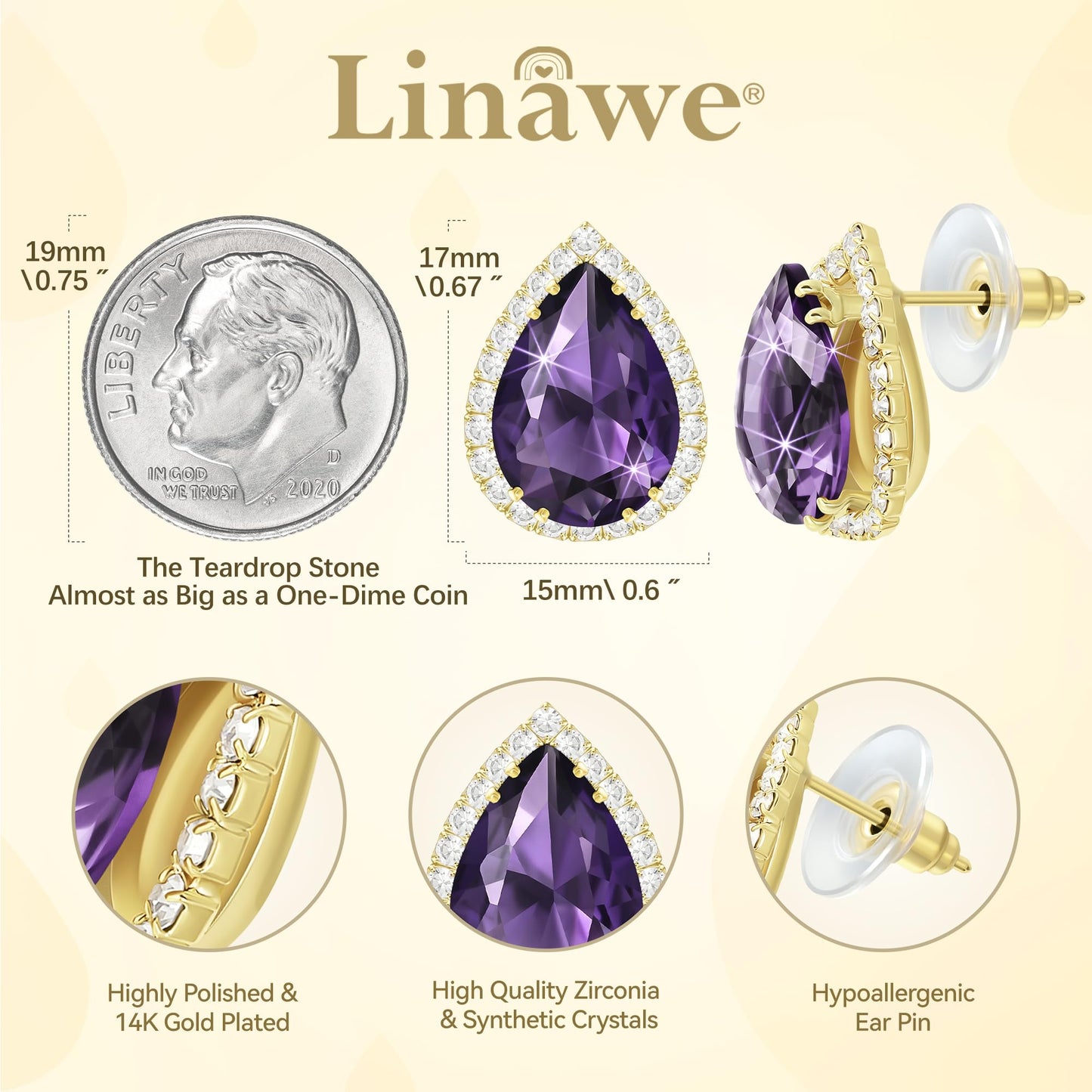 Linawe Purple Earrings Studs, Imitation Diamond Gold Stud Earrings for Women, Cubic Zirconia Teardrop Rhinestone Crystal Piercing Jewelry, Wedding Brial Bridesmaid Costume Earring Set