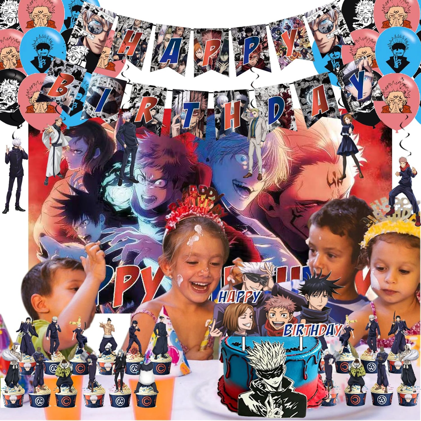 animation Jujutsu theme birthday decorations, Kaisen‌ party supplies,Including: banners,Balloon, background,cake toppers.