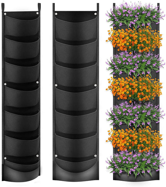 iPower 2-Pack Hanging Vertical Wall Planter 7 Pockets Upgraded Deeper Waterproof Herb Flower Growing Pouch Felt Cloth, for Yard Garden Fence Home, Balcony Office Decoration