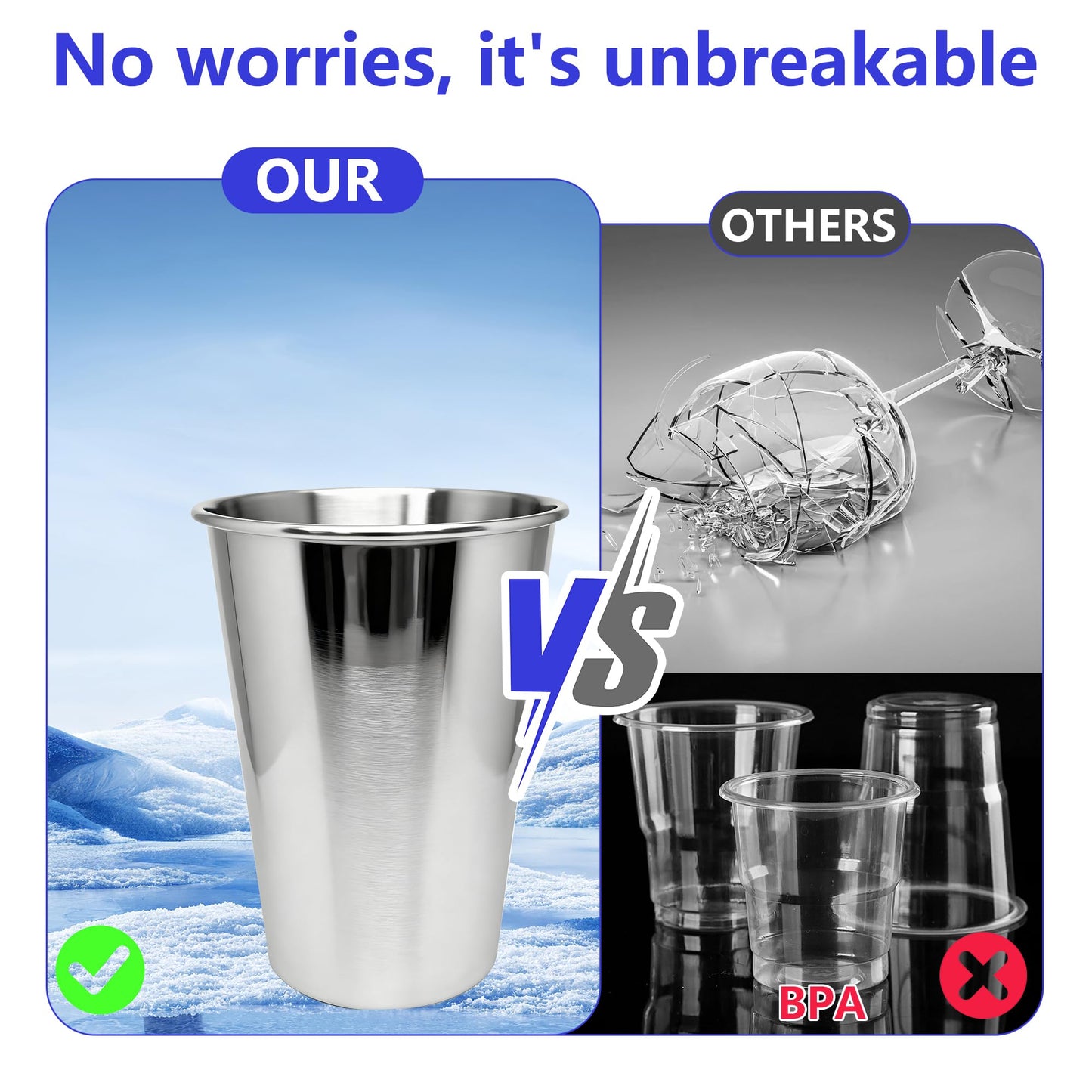 20oz 100PCS Stainless Steel Pint Cup,Pint Tumbler,Reusable metal Cups,Stainless Steel Water Tumbler,BPA Free,Stackble,Durable,Unbreakable Metal Drinking Glasses for Bar,Banquet Mugs (100, 20OZ)