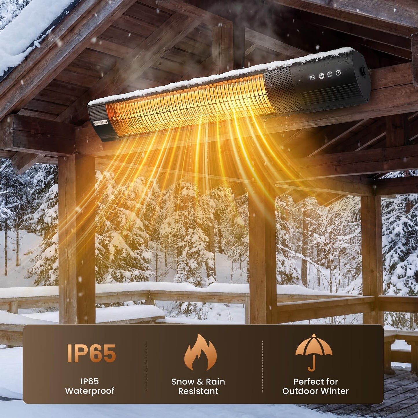 YESERLI Electric Patio Heater, 1500W Wall Mounted Outdoor Heater with Remote Control & 24H Timer, IP65 Waterproof Carbon Infrared Heater for Backyard, Gazebo, Garage and Restaurant