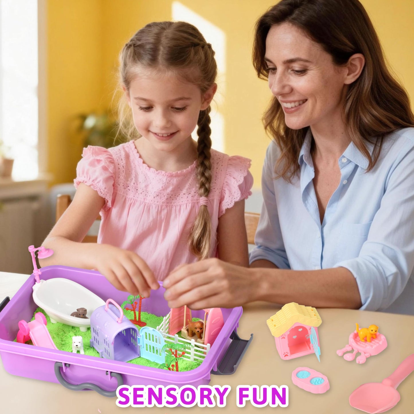 Carolart Pet Sensory bin,Dog and Cat Sandbox for Kids,Kids Play Sand Kit,Pet Play Set with Sensory Sand,Pet Care Play Set,Role Pretend Play Beach Toy Birthday Gift for Girls Boys 3 4 5 6 Years Old