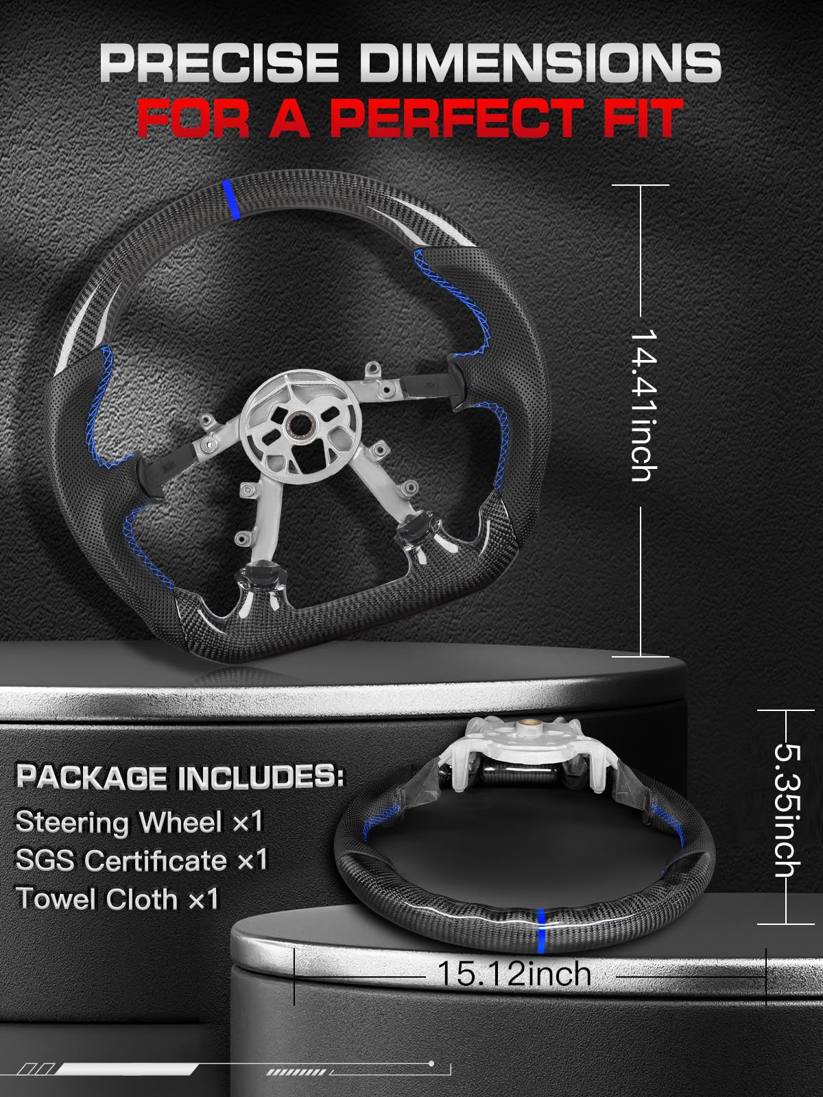 TESFEEL Real Carbon Fiber Steering Wheel for Chevy Corvette C5 (1997-2004), D-Shape Flat Bottom, Blue Stripe & Stitching, Black Nappa Perforated Leather, Fits for C5 Base, Z06 & All Trims