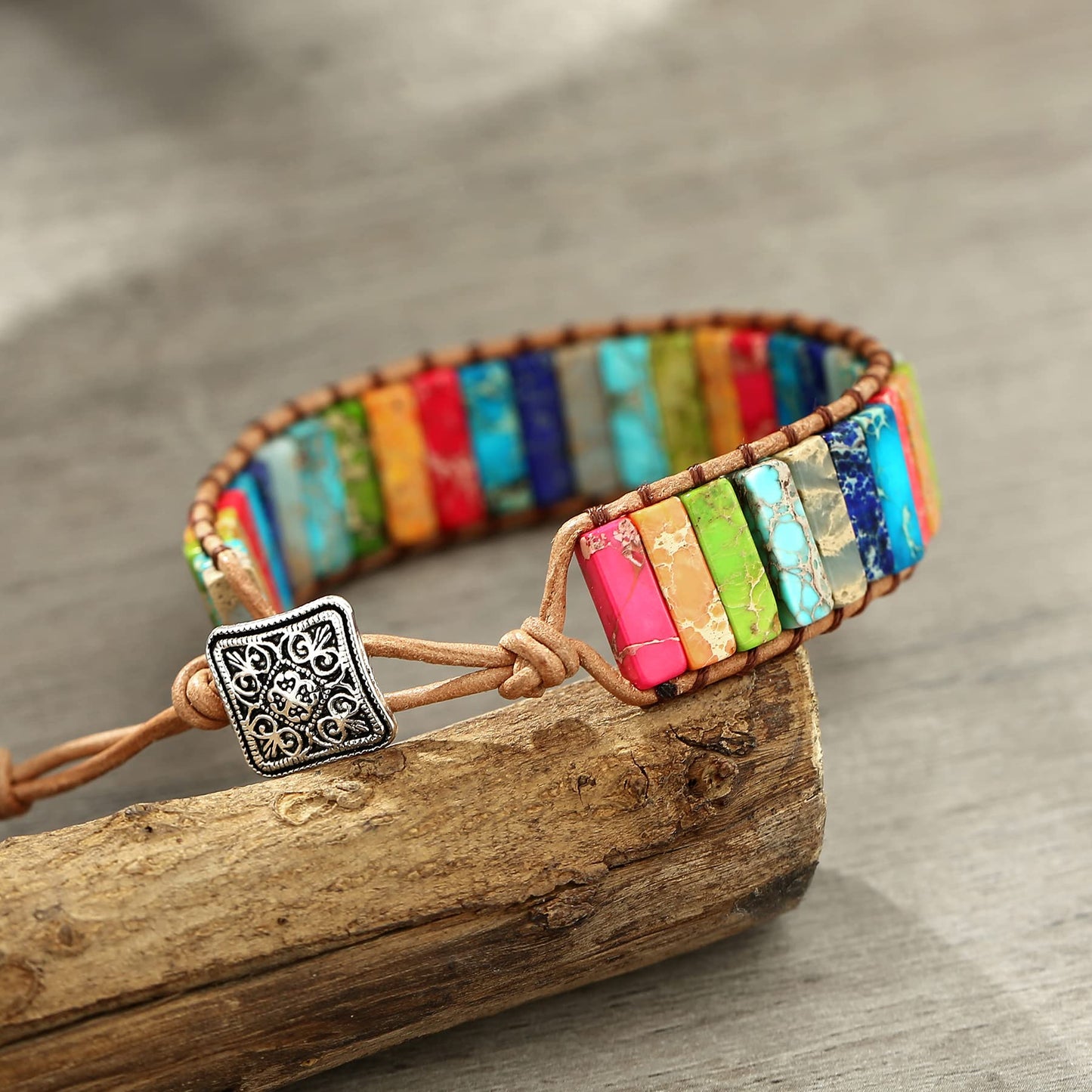 Plumiss Leather 7 Chakra Handmade Imperial Jasper Wrap Adjustable Bead Bracelet for Women Men
