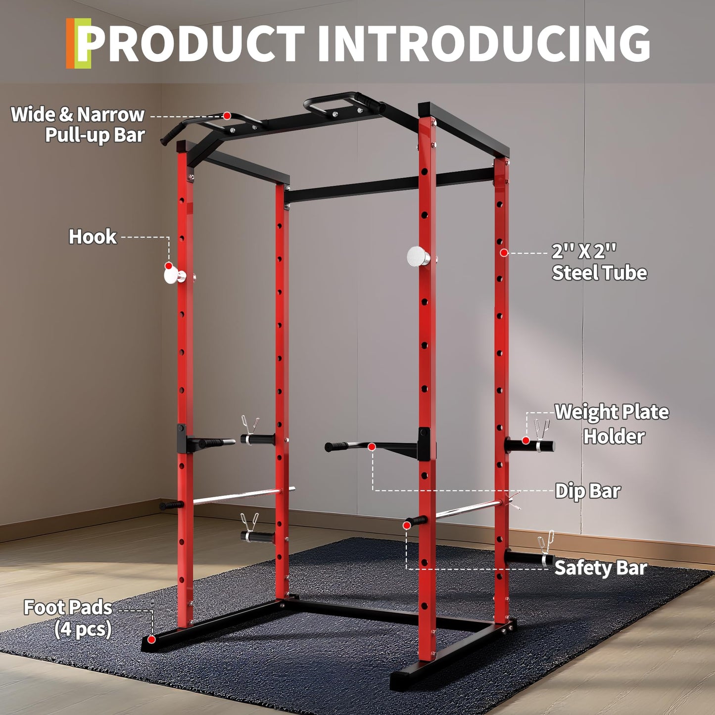 ActiveTrail Heavy-Duty Power Cage with Pull-Up Bar, 1100LB Capacity Squat Rack for Home Gym Strength Training with Adjustable j-Hooks & Safety Bars