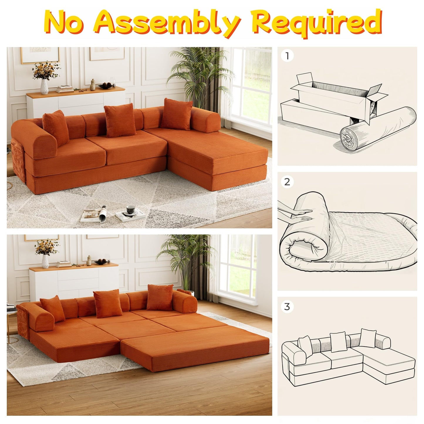 Topcomfy 106.3" L Shape Convertible Sleeper Sofa Bed, Oversized Modular Sectional Cloud Sofa with Fixed-Shape Frame & Storage Pocket, Boneless Couch for Living Room, No Assembly Required, Orange