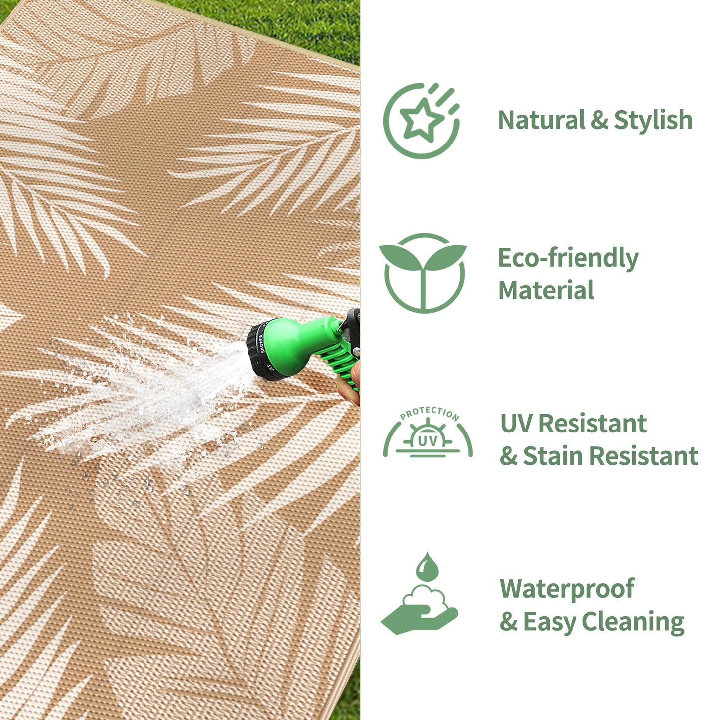 GENIMO Outdoor Rug 9' x 12' Waterproof for Patios Clearance, Reversible Outdoor Plastic Straw Camping Rug Carpet, Large Area Rugs Mats for RV, Camper, Deck, Balcony, Porch, Beach, Picnic, Brown&Beige