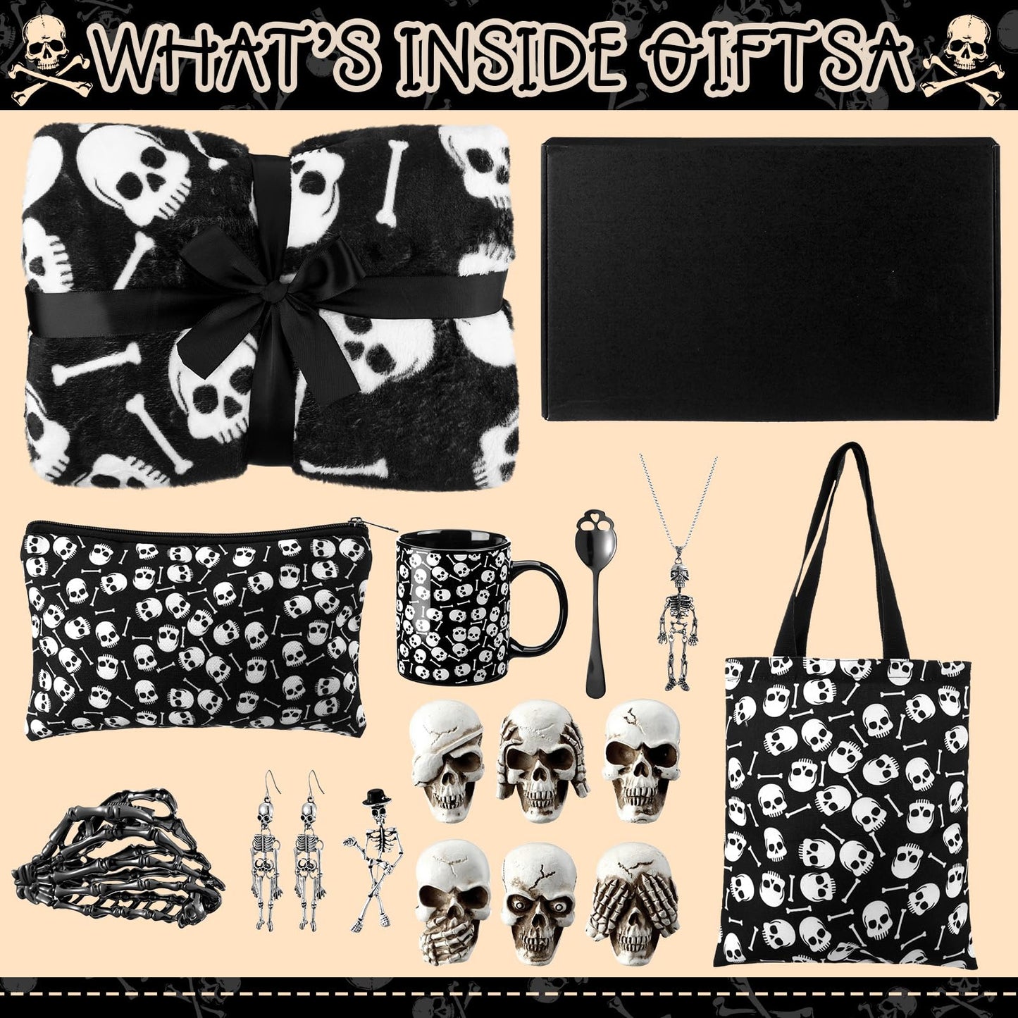 Conelist 16 Pcs Gothic Gifts for Women, Witchy Gifts Goth Horror Themed Includes Skeleton Blanket, Spooky Bag, Gothic Coffee Mug, Skeleton Necklace, Makeup Bag for Women Friend Easter