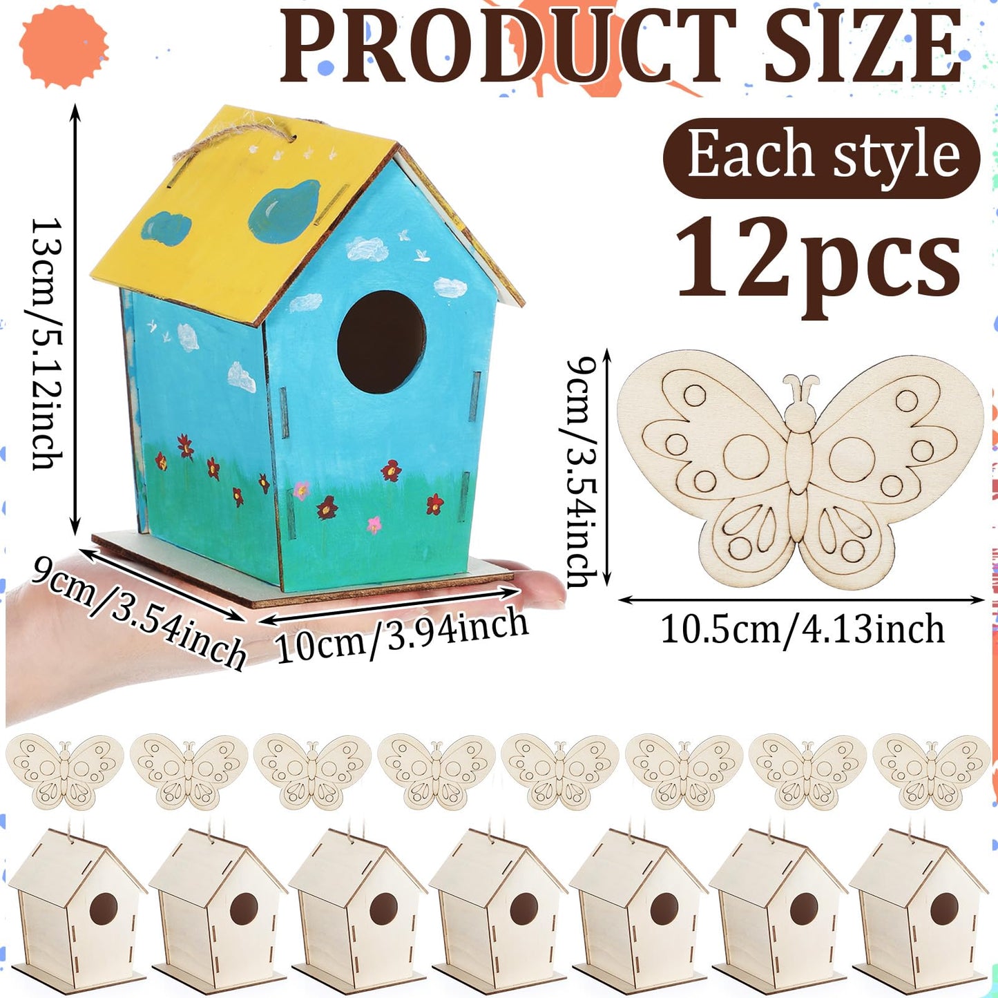 DoubleFill 24 Pack Wooden Bird Houses Bulk, Butterfly Wood Chips for DIY Unfinished Hanging Birdhouse Kits, Wooden Craft Houses to Paint VBS Craft Family Crafts Party Favor