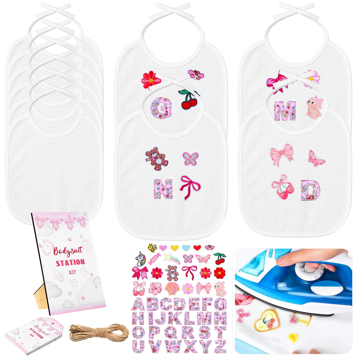 Jiuguva 72 Pcs DIY Bib Decorating Kit Baby Shower Games Set 10 DIY Blank White Bibs 50 Pink Iron on Patches Baby Shower Activity Kit for Gender Reveal Party Supplies