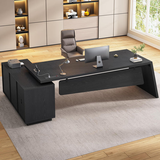 ANGRYWIN 78 inch L Shaped Executive Desk with Power Outlets, Large Home Office Desk with Storage Drawers and File Cabinet, Modern Computer Desk with Shelves, Black Business Furniture