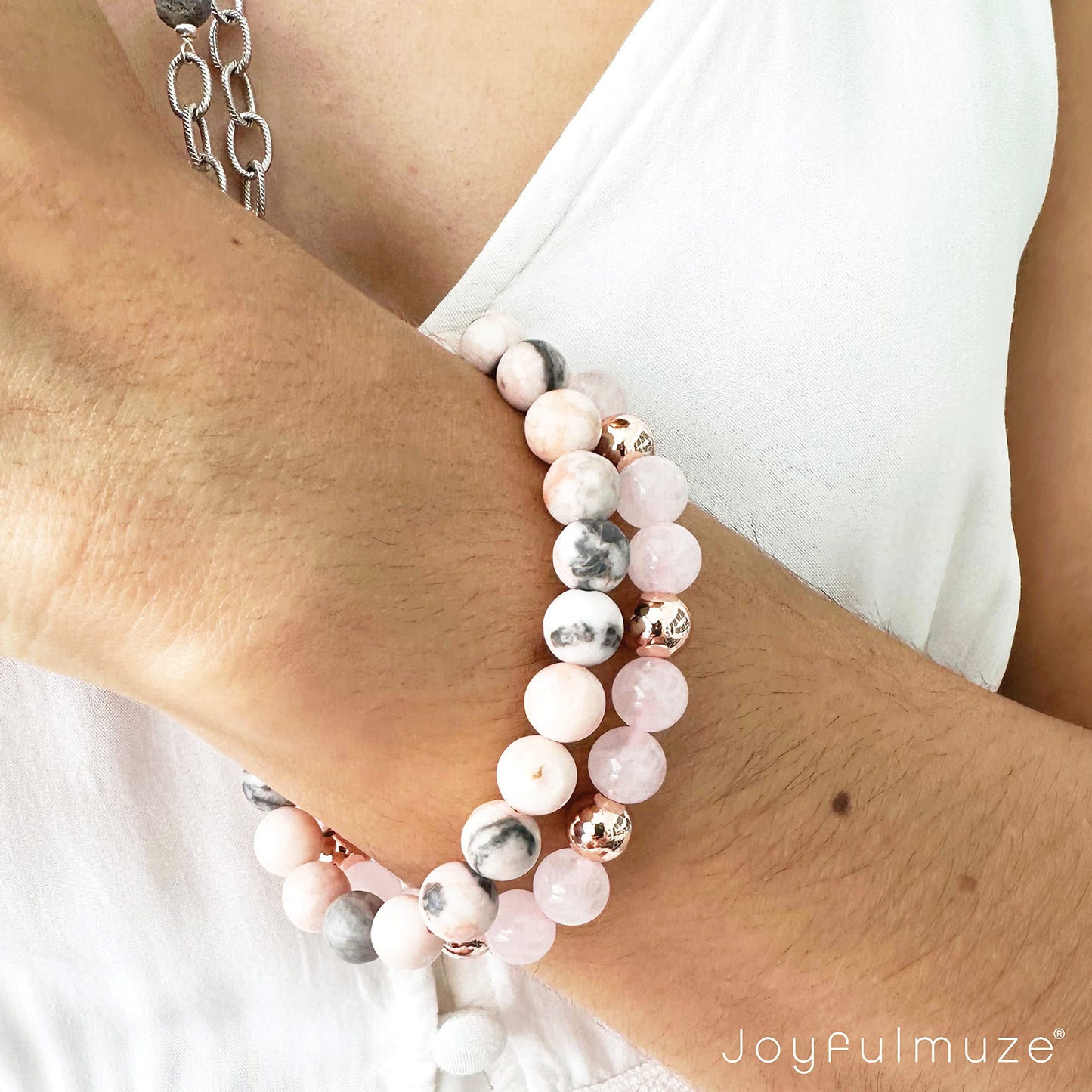 Joyfulmuze Zebra Jasper, Stretch Bracelets Natural Genuine Pink and Black Gemstones, Handmade Gift for Women and Men (Ocean-Pink-Black-Agate)