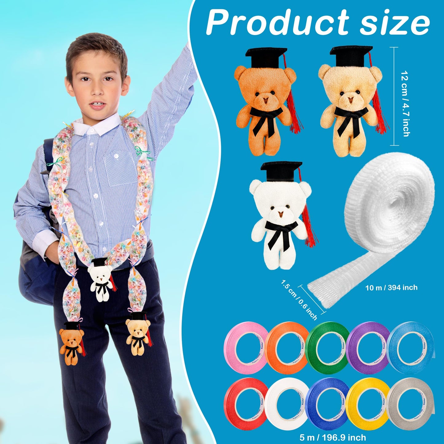 Conagel 89 Pcs Graduation Stuffed Bear Candy Lei Making Kit Included 55 pcs 66 ft Candy Lei Tubing Mesh Bags 10 Colors Ribbon 24 Graduation Bears for DIY Graduation Wreaths Party Favors
