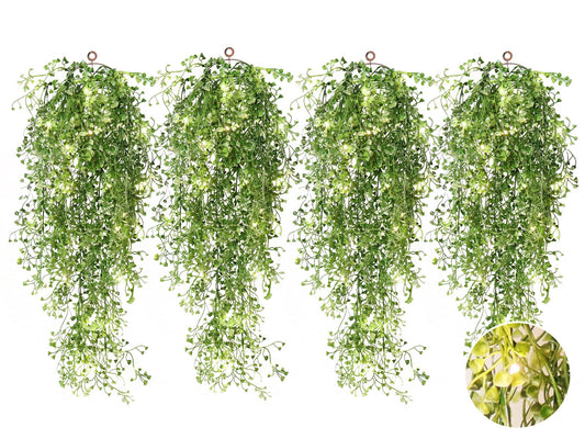 RECUTMS Artificial Hanging Ferns 2.5ft Artificial Ivy Vine Greenery with 30 LED Large Faux Wall Plants Artificial Plants Outdoor for Farmhouse Room Corridor Window Decor 4 PCS (White)