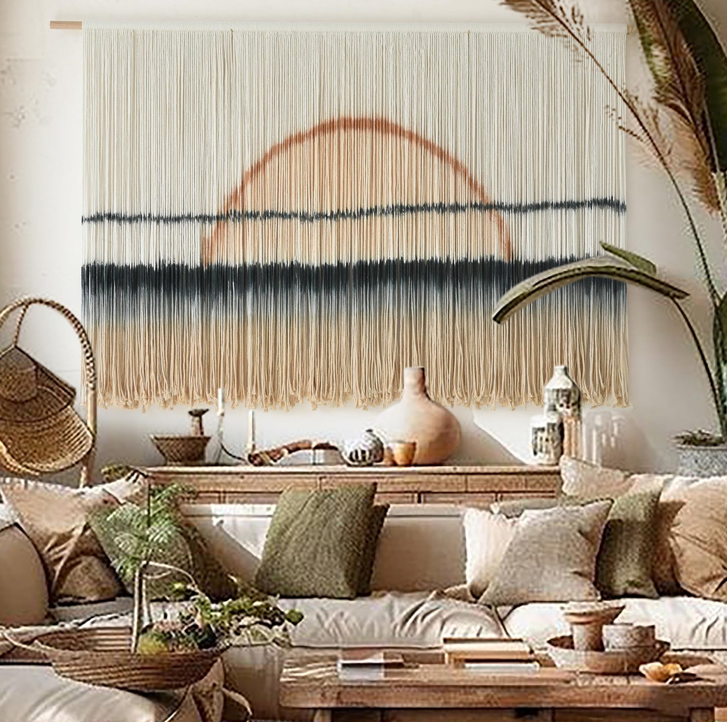 Jakalin Macrame Wall Hanging Large Sunset Dip Dye Boho Tapestry Handmade Woven Cotton Wall Art for Bedroom, Living Room, Above Bed Neutral Modern Minimalist Decor 57" Wx35 L