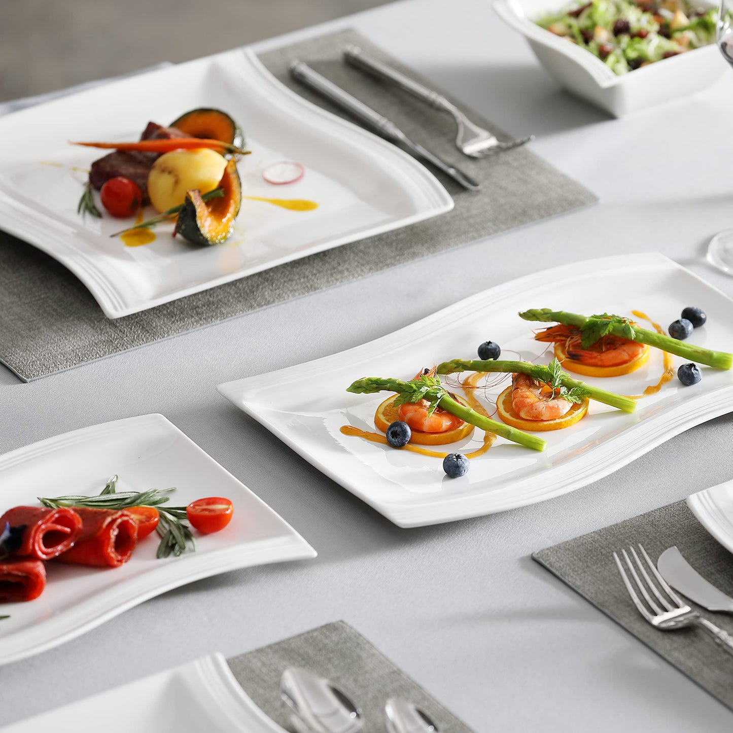 MALACASA Plates and Bowls Sets, 26 Pieces Ivory White Porcelain Dinnerware Sets without Mugs, Square Dinnerware with Dinner Plates, Bowls and Serving Platters, Modern Dish Set for 6, Series Flora