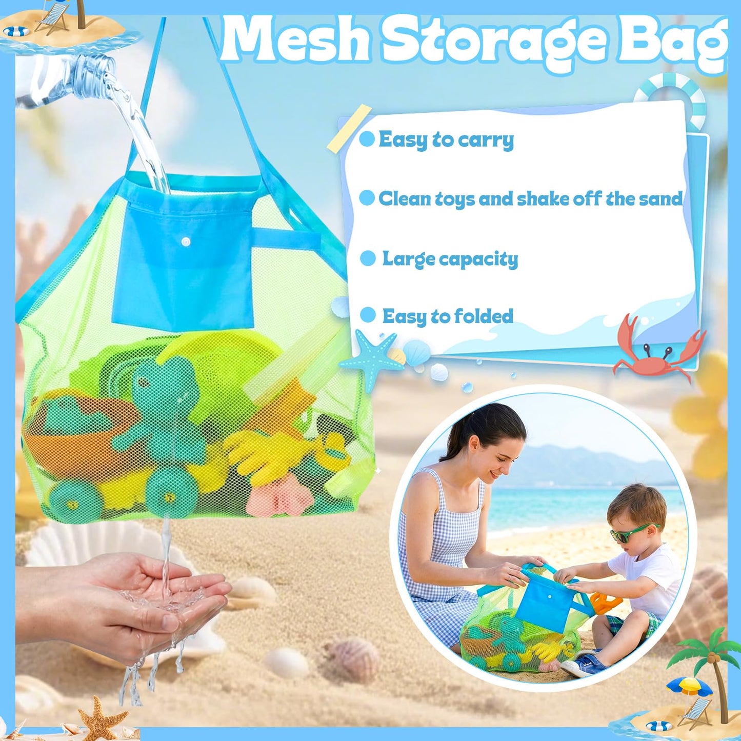 Guiqulai Beach Toys, Dinosaur Sand Toys Include Molds Foldable Bucket Mesh Storage Bag Shovels Dump Truck, Summer Sand Toys for Toddlers Kids