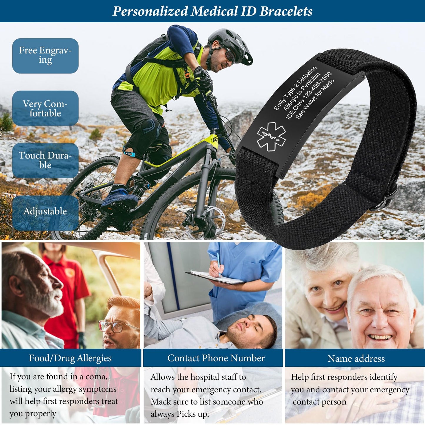 Medical Alert Id Bracelet for Men Women, Custom Engraving Medical Alert Bracelets for Women Men Patients Stainless Steel Emergency Bracelets Wristband,Personalized Mens Life Health Alert Bracelet,1
