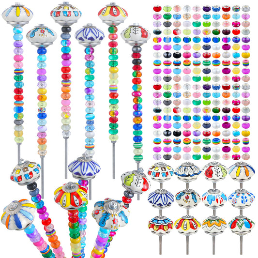 Tigeen 236 Pcs Garden Stake DIY Fairy Wand Plant Stake with 12 Colorful Crystal Stopper Top 12 Threaded Rod with 200 Large Hole Bead for Spring Summer Holiday Outdoor Decorations(Mushroom and Pumpkin)