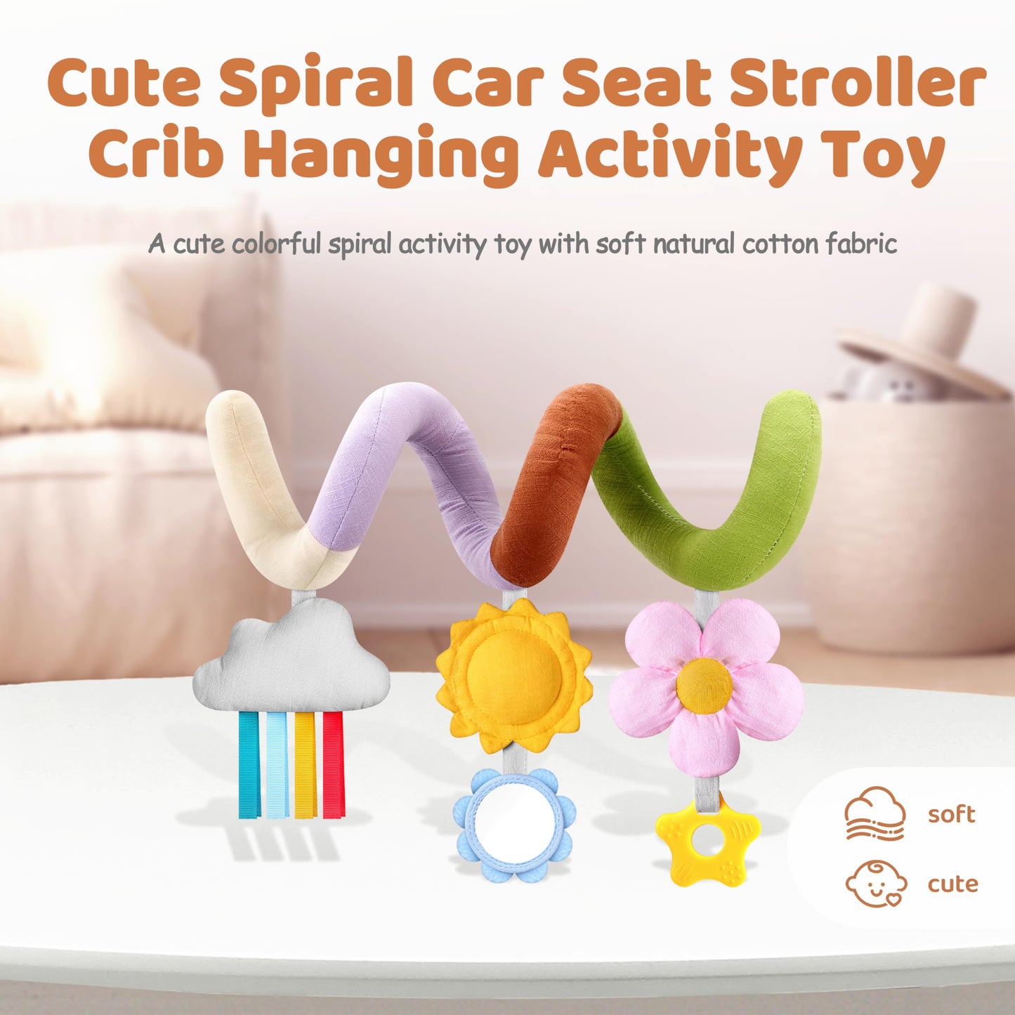 Stuffed Spiral Baby Car Seat Toys, Best Newborn Shower Gifts, Soft Infant Essentials Must Have Stroller Hanging Toys (Vibrant Nature)