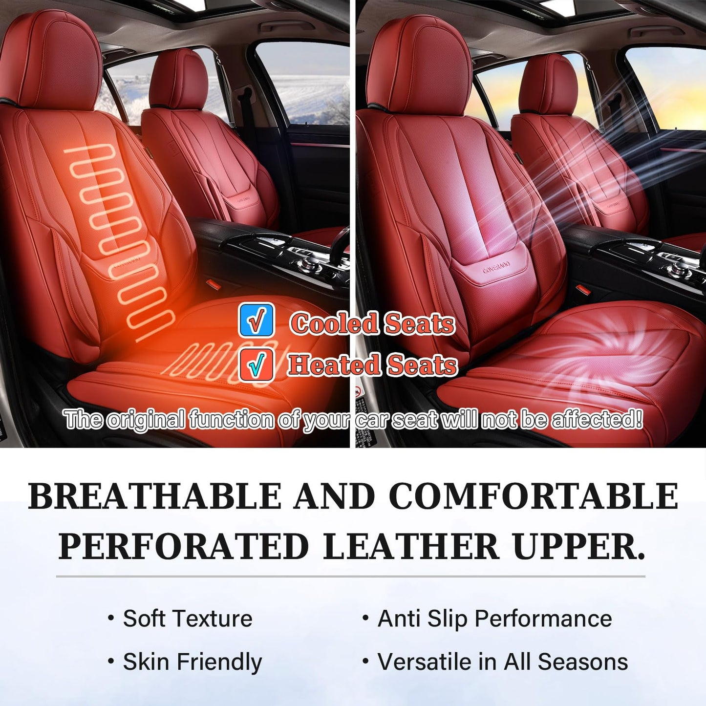 Coverado Seat Covers, Car Seat Covers Front Seats, Car Seat Cover, Car Seat Protector Waterproof, Car Seat Cushion Nappa Leather, Red Seat Covers Carseat Cover Universal Fit for Most Cars