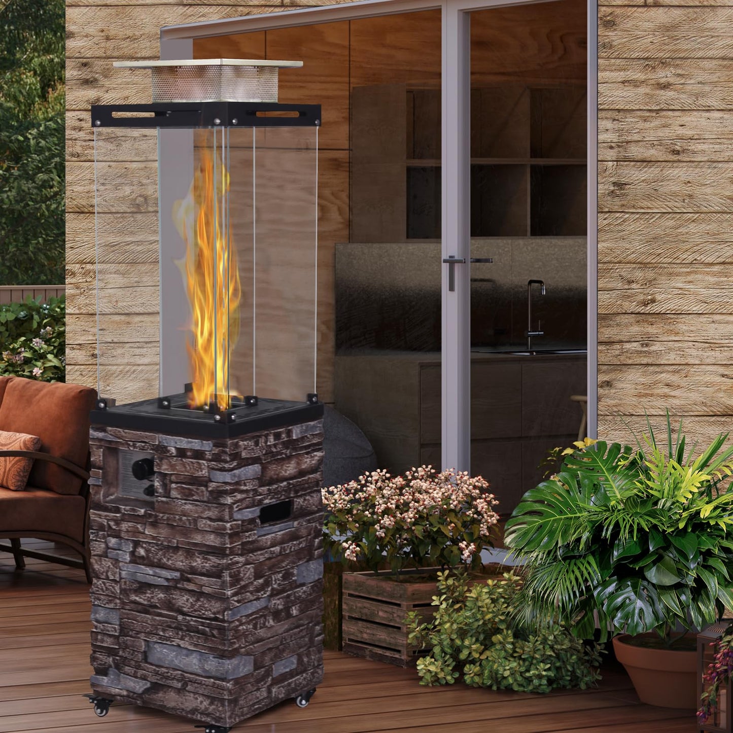 Outdoor Patio Propane Fire Heater with Weather Cover Glass 41000 BTU Fireplace Patented & CSA Certificated, Stackstone Brown