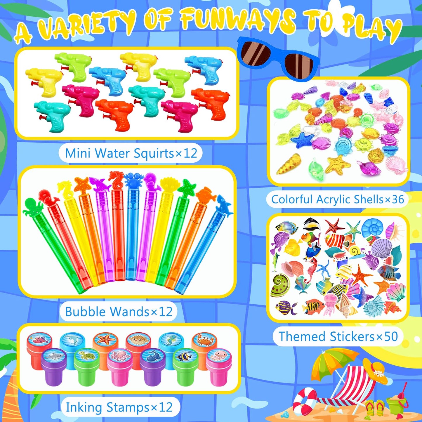 Pool Party Favors and Beach Party Favors,158PCS Summer Pool Toys for Kids, Undersea theme decoration, Including Beach Balls, Sunglasses, Bubble Wands, Stamp and Crystal Shells for Kids Ages 4-8 8-12
