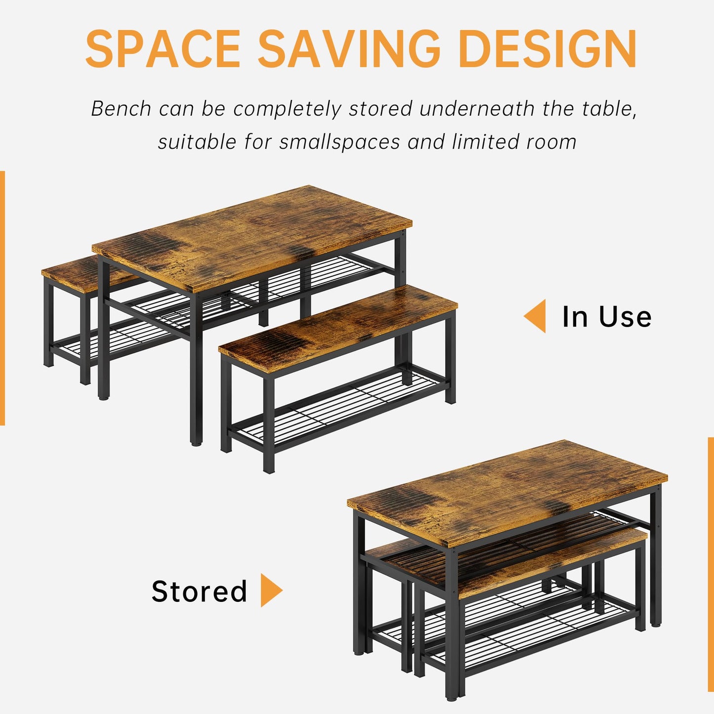 Lamerge 3-Piece Dining Table Set, Industrial Kitchen Table and Chairs Set for 4, Dining Table and 2 Benches with Storage Shelf, Dining Table Set for Dining Room Kitchen, Rustic Brown