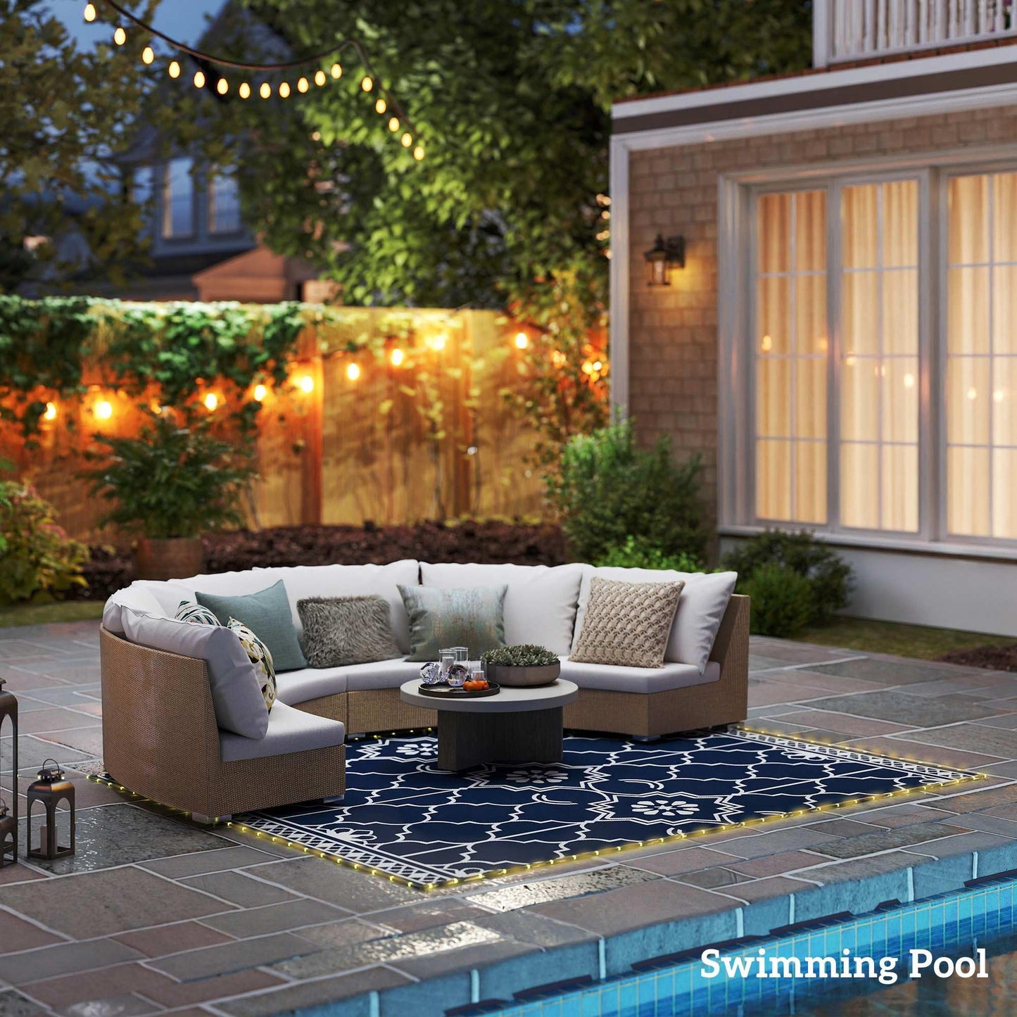 Outsunny Reversible Outdoor Rug Carpet with LED Lights, 10' x 8' PP Straw Rug, Portable RV Camping Mat with Carry Bag and Ground Stakes for Backyard, Deck, Picnic, Beach, Dark Blue and White