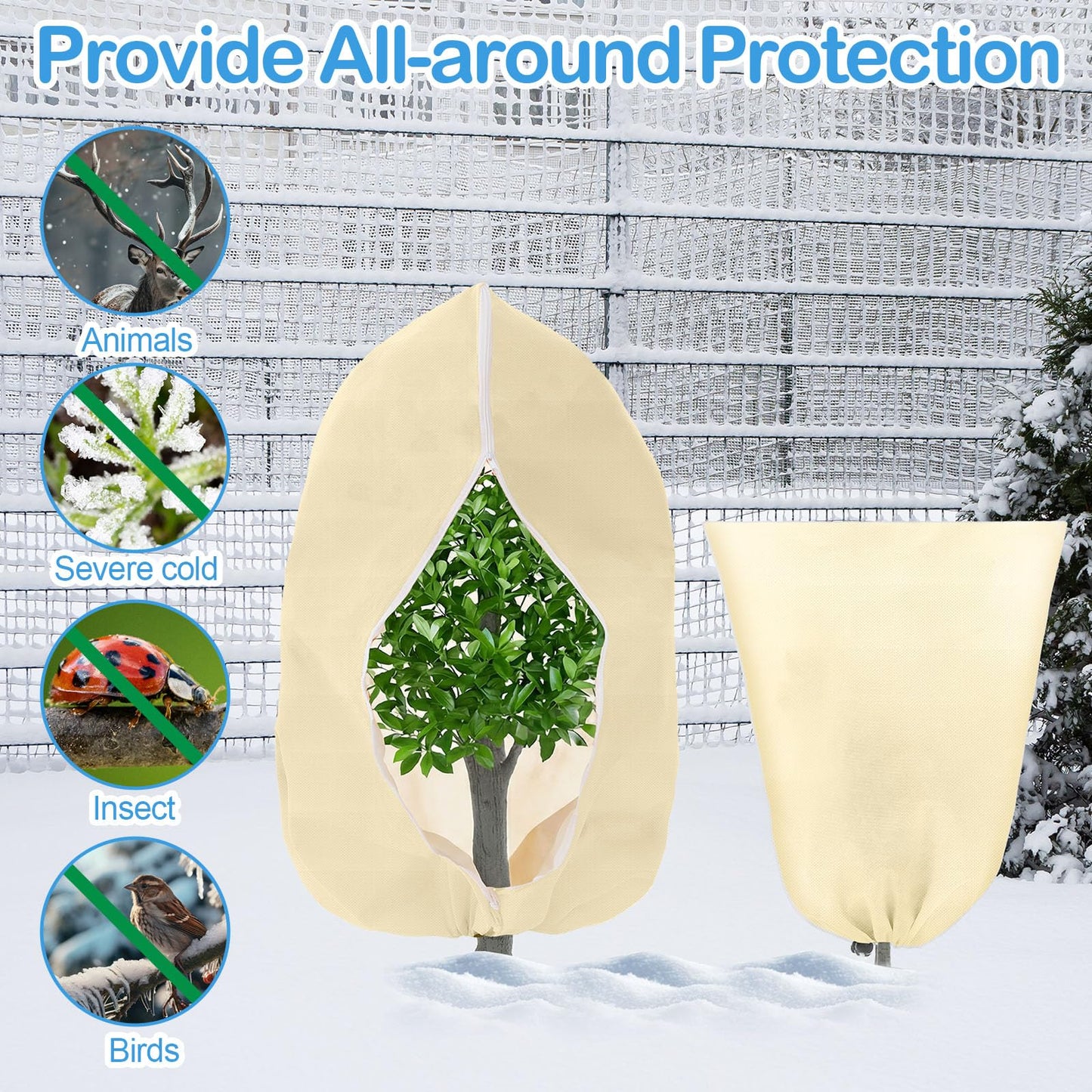 Wesnoy 12 Pack Winter Plant Covers Freeze Protection 2 Size 47" x 32" and 24" x 32" Winter Frost Cloths Blankets with Zipper Drawstring Tree Covers for Outdoor Plants Shrubs Potted Trees(Beige)