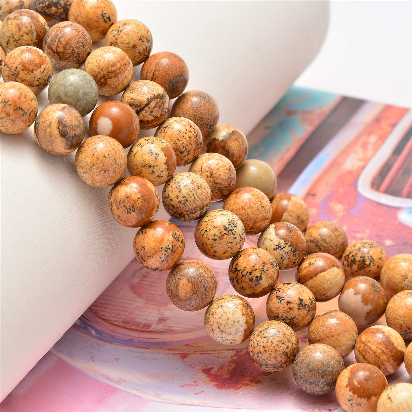 NCB 100pcs Natural Stone Beads Round Loose Beads 6mm with Elastic String and Beading Needle for Jewelry Making DIY Bracelet Necklace, Stretch Unisex (Yellow Picture Jasper, 6mm 100Beads)