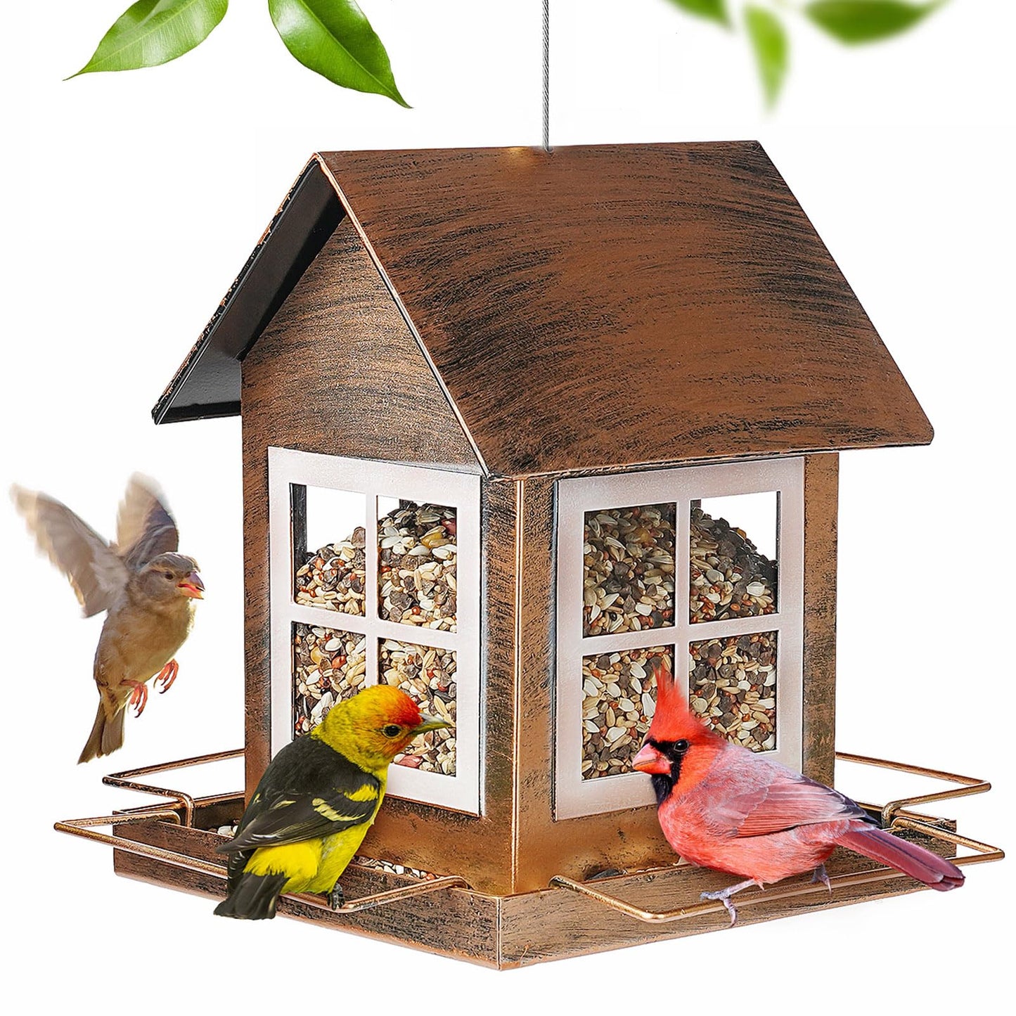 IWNTWY Bird Feeders, Heavy Duty Metal Bird Feeder for Outdoors Hanging, Weatherproof Large Capacity Wild Birdfeeder for Outside Garden Yard, Country House Shape