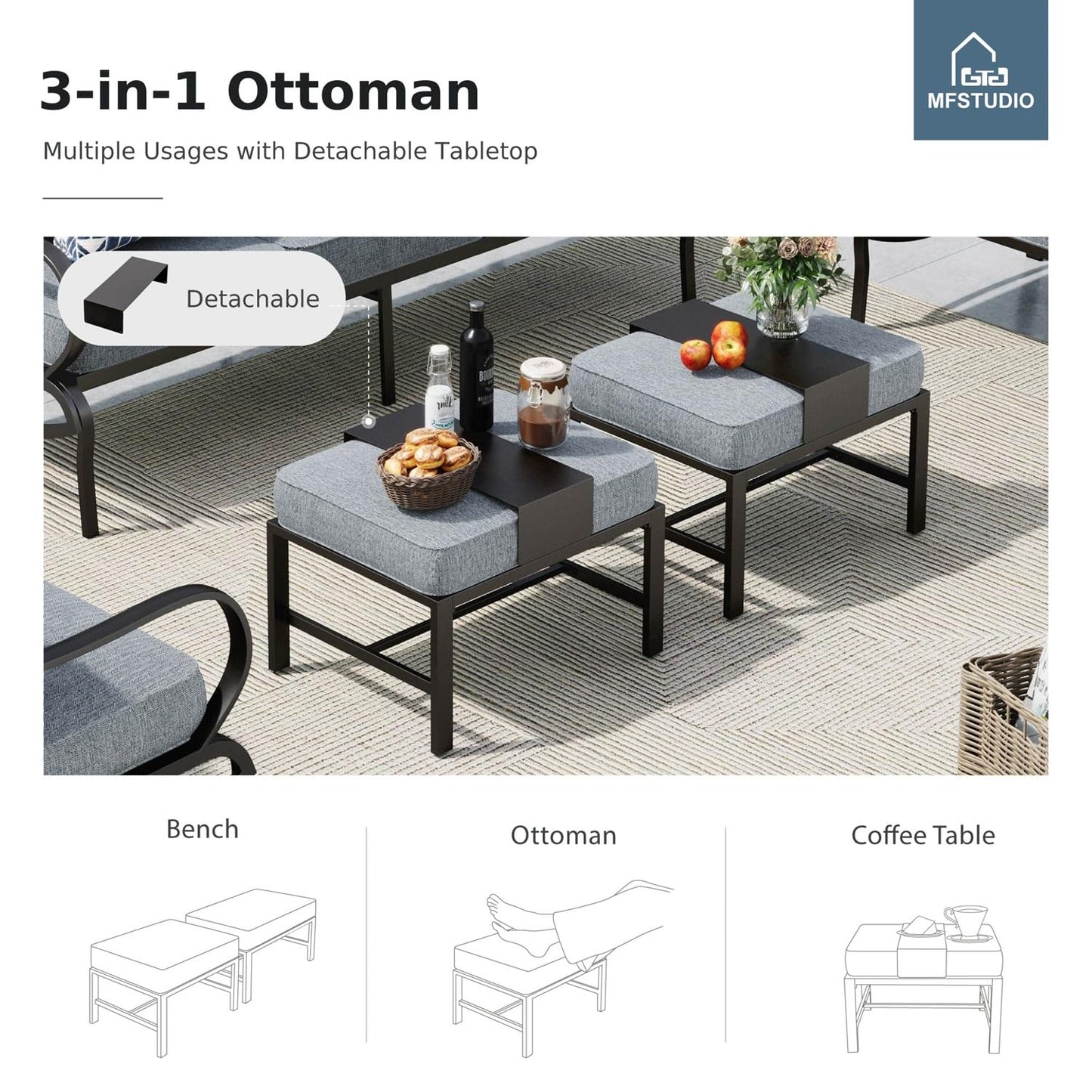 MFSTUDIO Patio Furniture Sets with 45" Gas Fire Pit Table, 8 Pieces Outdoor Metal Conversation Set with 1 x 3-Seat Sofa, 2 Single Chairs, 2 Swivel Chairs and 2 Ottomans, Grey Cushion