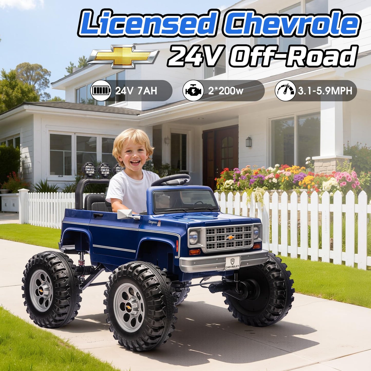 MUKIDY 24V Ride on Car, Licensed Chevrolet Cheyenne Truck w/2X200W Motor, Remote Control, Decoration Streamer, 24 Volt Ride on Toys Power Big Wheels for Big Kids,Blue