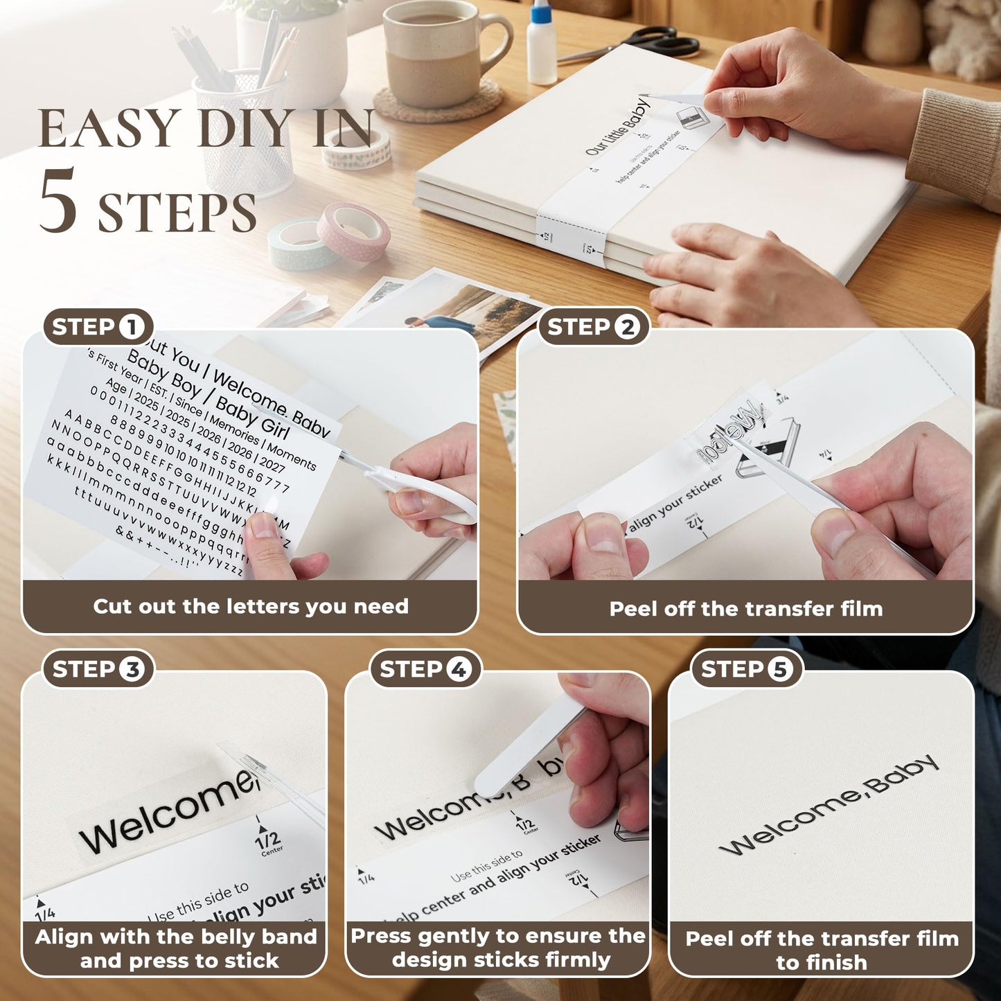 Vienrose 40 Pages Self Adhesive Photo Album with Fabric Cover and Crystal Stickers for Graduation, Acid-Free Pages, 11"x10.7" Scrapbook Album for 4x6 Photos, Beige