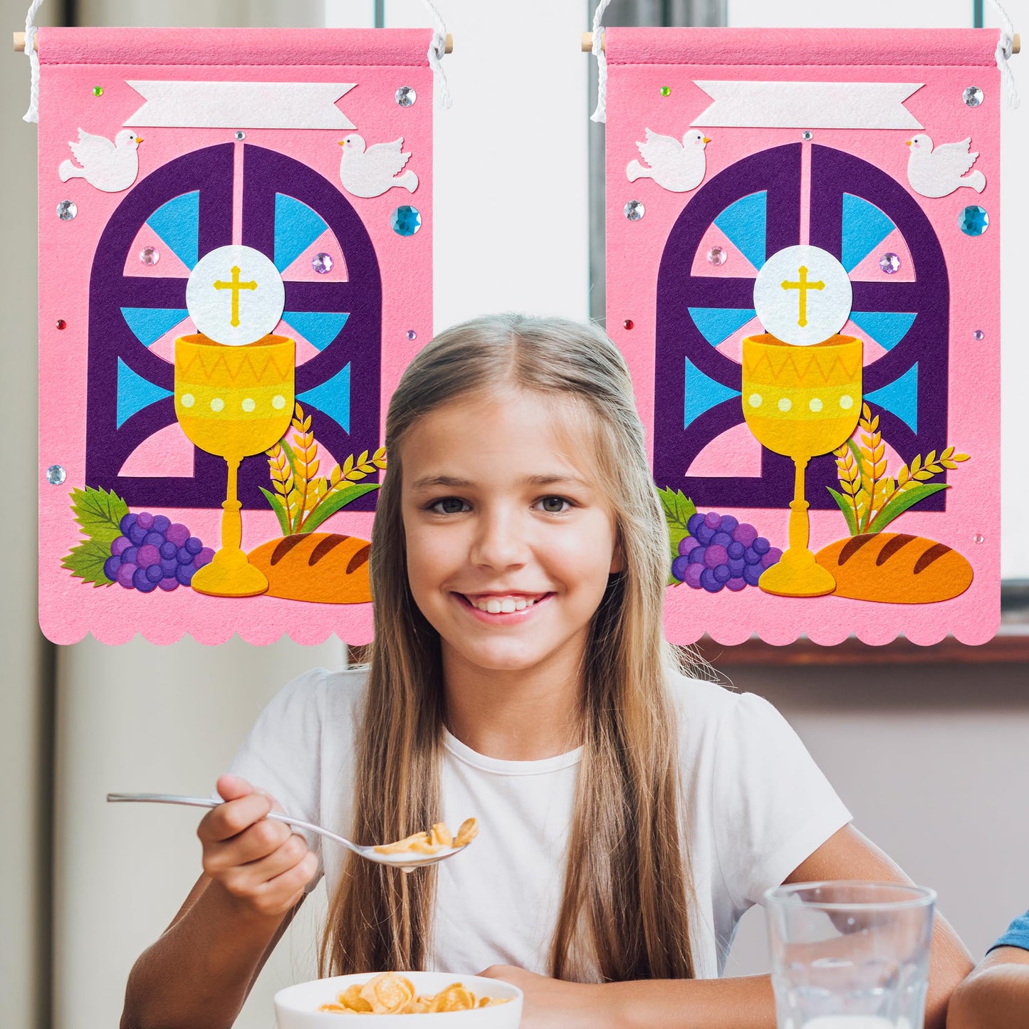 WATINC First Communion Banner Kit - 12 Set Holy 1st Communion Felt Banner Kit Baptism Christian Cross DIY Craft Decorations, Make Your Own Sunday School Church Hanging Crafts Supplies for Girls (Pink)