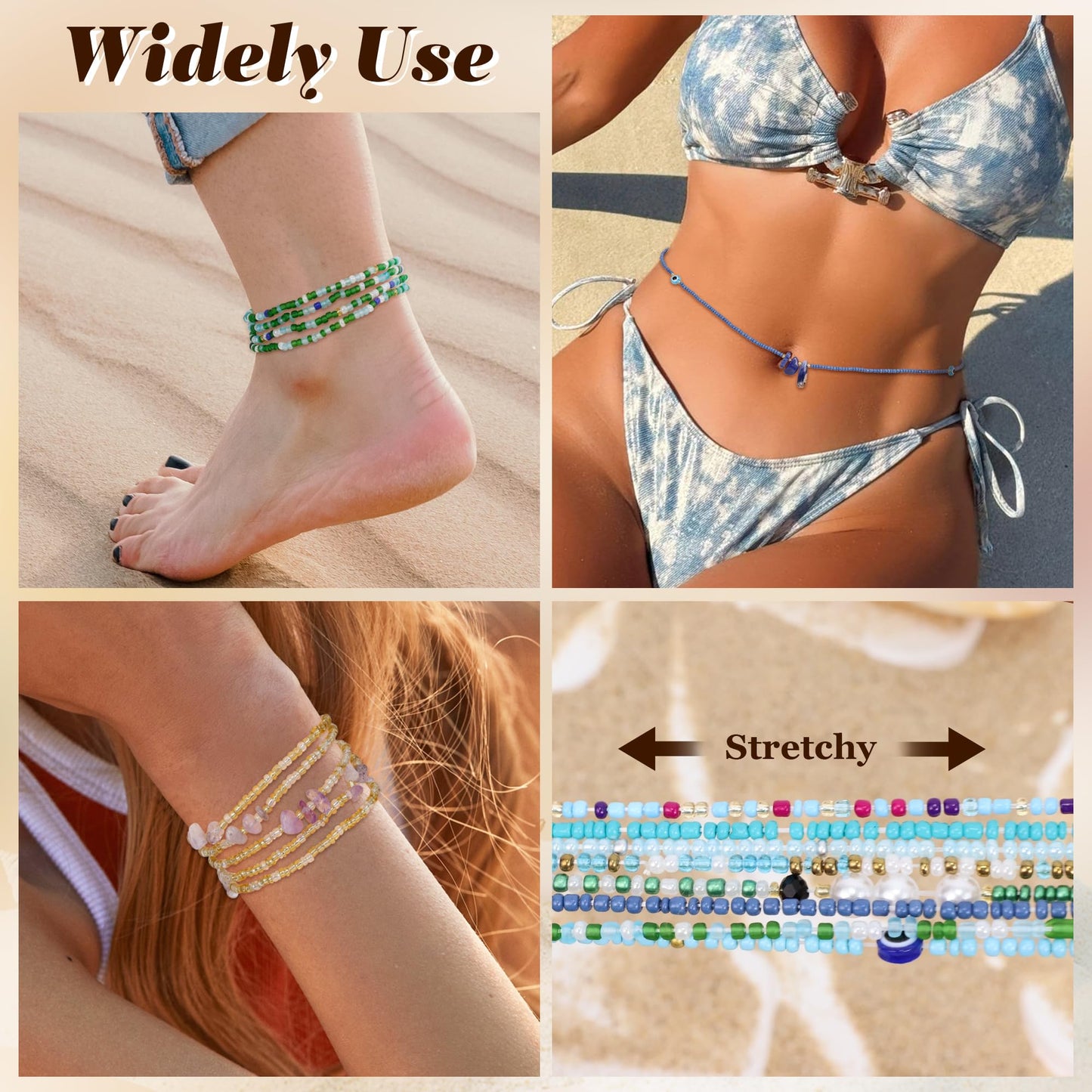 Masedy 8PCS African Waist Bead Chains for Women Layered Belly Body Chain Handmade Plus Size Beaded Belly Chain Colorful Elastic Flower Butterfly Body Chains Summer Beach Bikini Body Jewelry 45in B